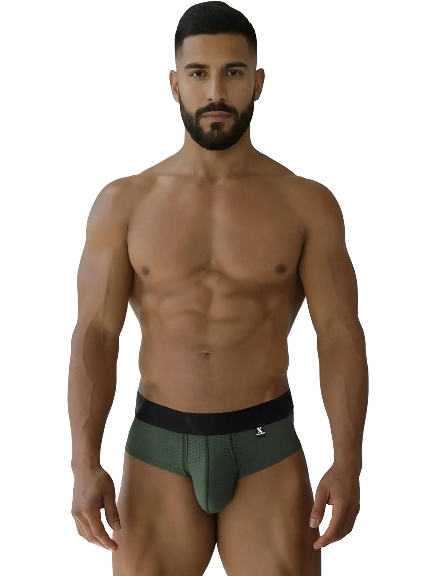 Dark green xtremen 91250 microfiber mesh briefs with black waistband and subtle textured pattern in military green