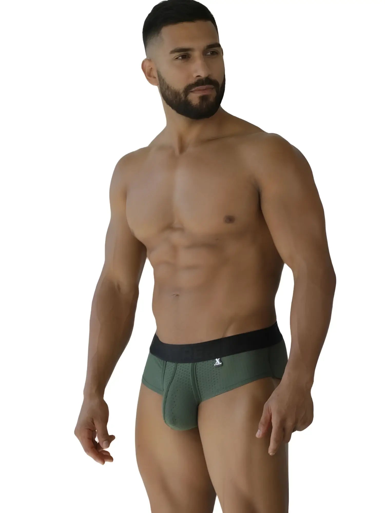 Mens olive green microfiber mesh briefs with black waistband and small white logo xtremen 91250 military green