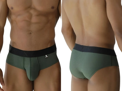Olive green xtremen 91250 microfiber mesh athletic briefs with black waistband and small white logo on front