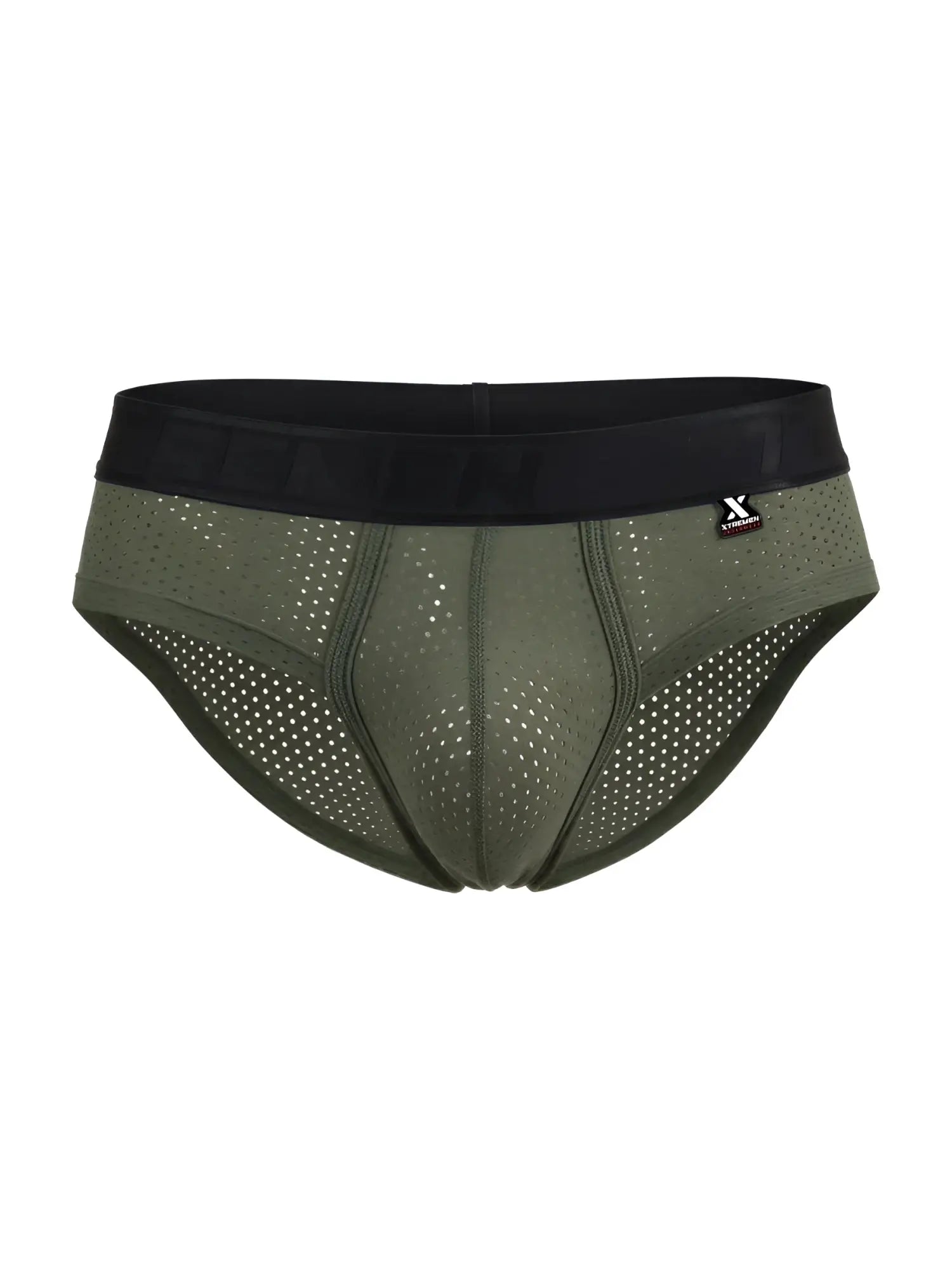 Xtremen 91250 microfiber mesh briefs in olive green with perforated design and black elastic waistband in front view