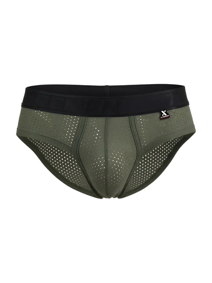 Xtremen 91250 microfiber mesh briefs in olive green with perforated design and black elastic waistband in front view