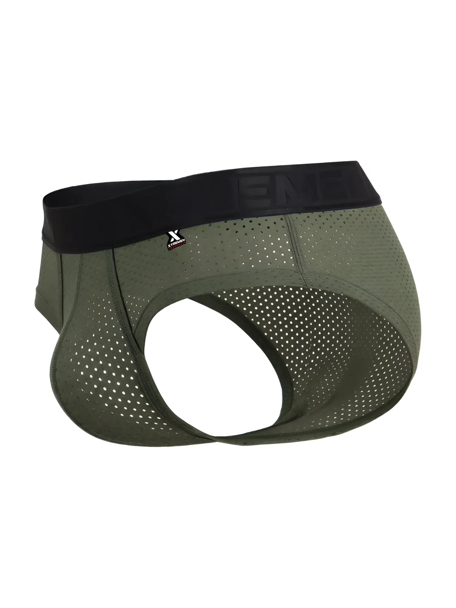 Olive green xtremen 91250 microfiber mesh briefs with perforated design and black elastic waistband showing brand logo