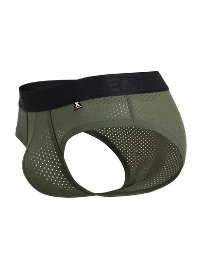 Olive green xtremen 91250 microfiber mesh briefs with perforated design and black elastic waistband showing brand logo