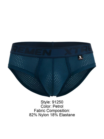 Petrol-colored xtremen 91250 microfiber mesh briefs with perforated design and elastic waistband featuring xtremen brand name