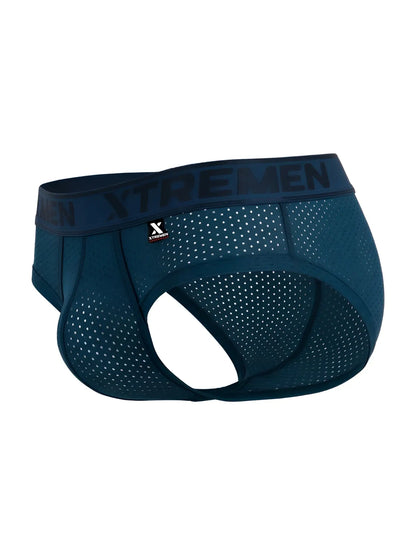 Dark teal Xtremen 91250 microfiber mesh briefs with perforated design and branded waistband front view