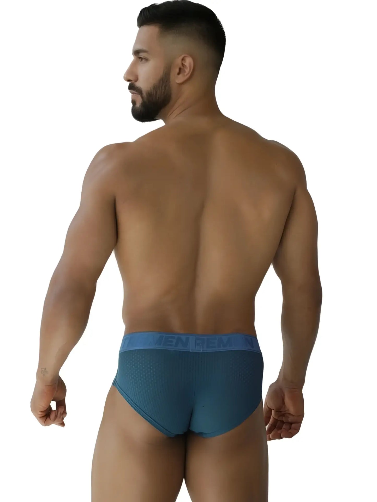 Teal xtremen 91250 microfiber mesh men’s briefs with matching elastic waistband and light blue men branding