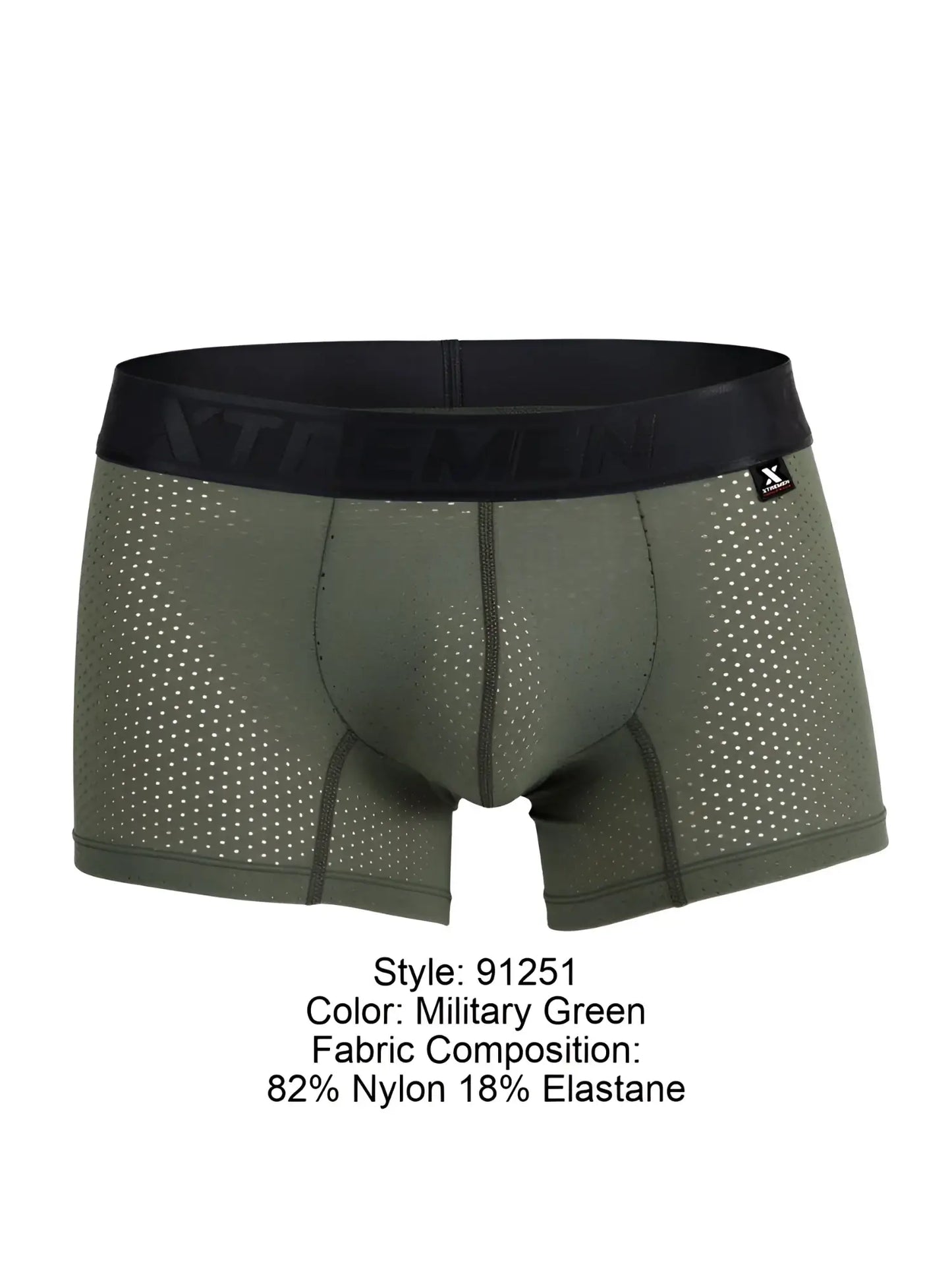 Military green Xtremen 91251 microfiber mesh boxer briefs with black xtreme logo waistband and x-shaped brand tag