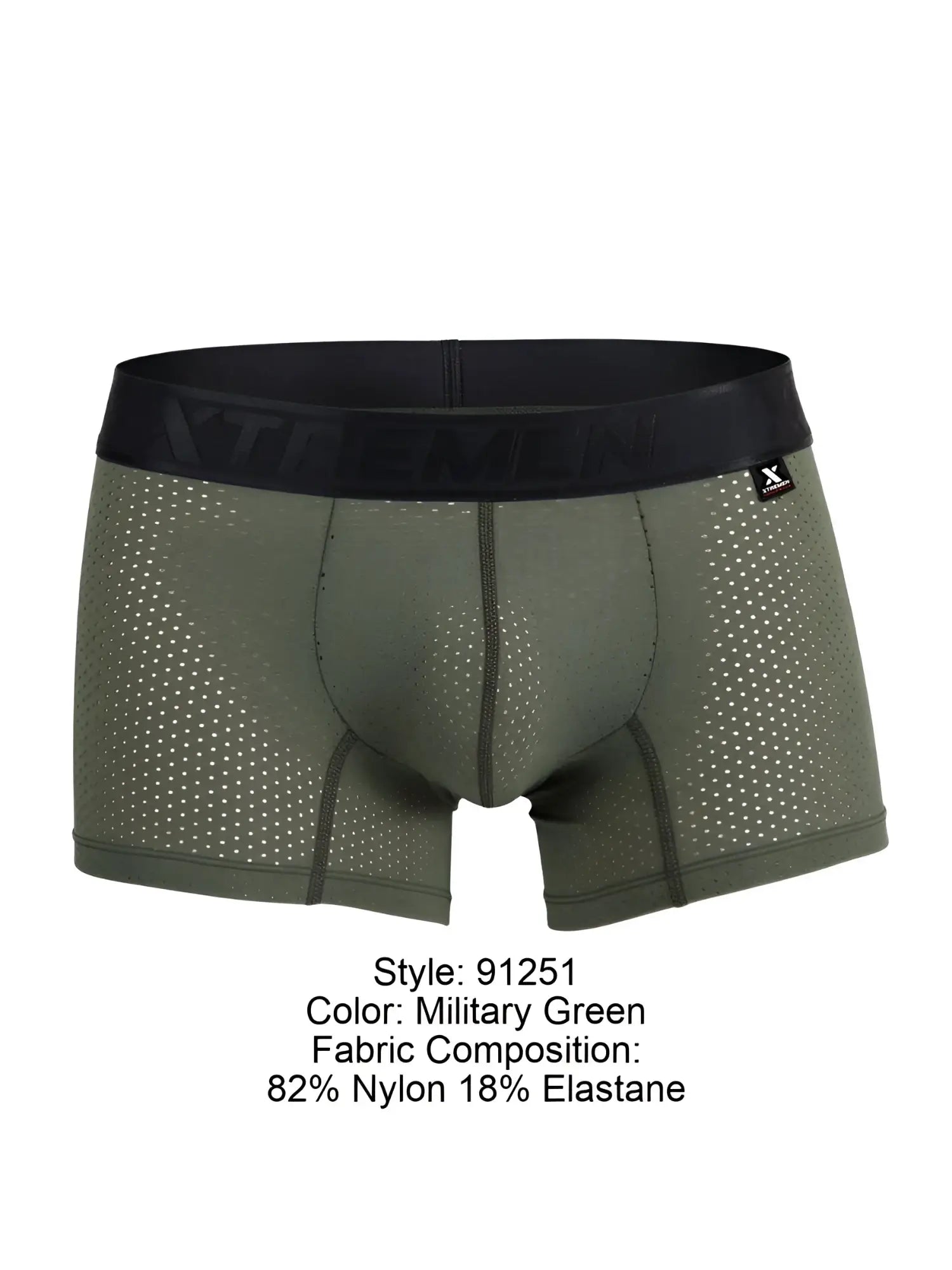 Military green Xtremen 91251 microfiber mesh boxer briefs with black xtreme logo waistband and x-shaped brand tag