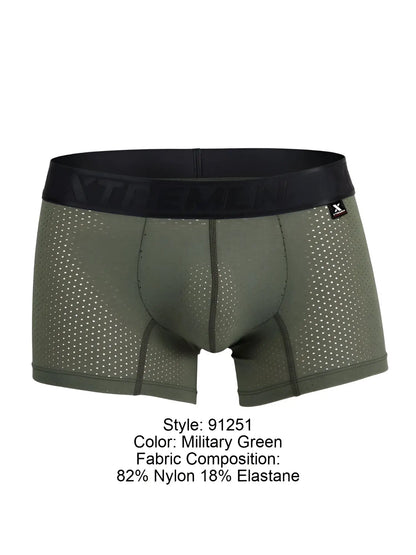 Military green Xtremen 91251 microfiber mesh boxer briefs with black xtreme logo waistband and x-shaped brand tag