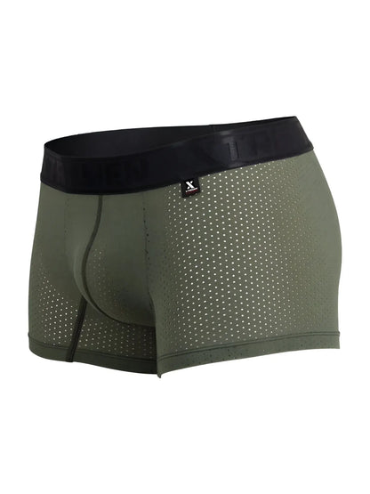 Xtremen 91251 microfiber mesh olive green boxer briefs with perforated design and black elastic waistband with brand tag