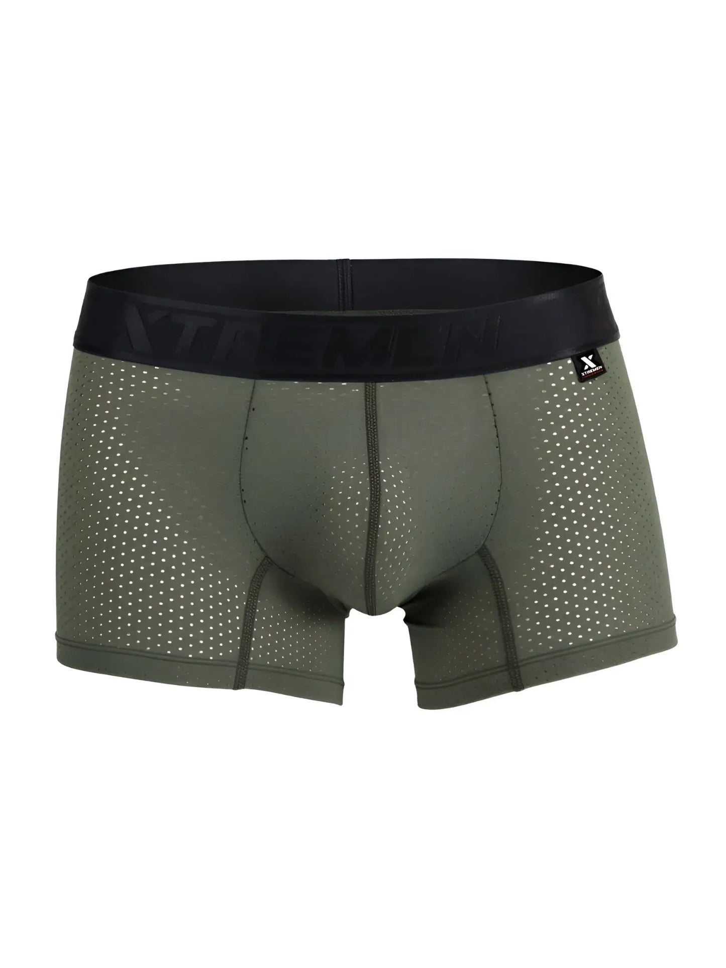 Olive green xtremen 91251 microfiber mesh boxer briefs with black elastic waistband featuring xtreme logo