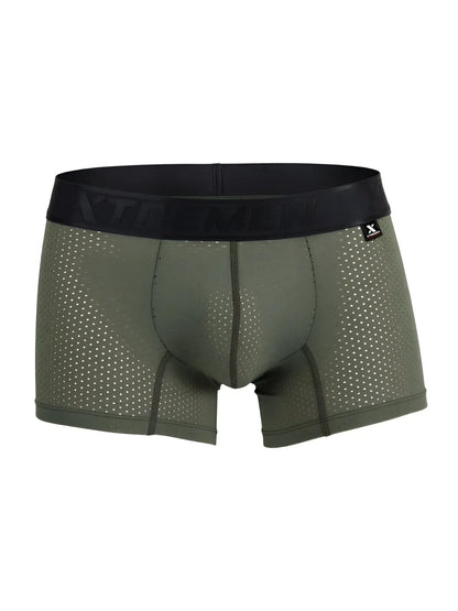 Olive green xtremen 91251 microfiber mesh boxer briefs with black elastic waistband featuring xtreme logo