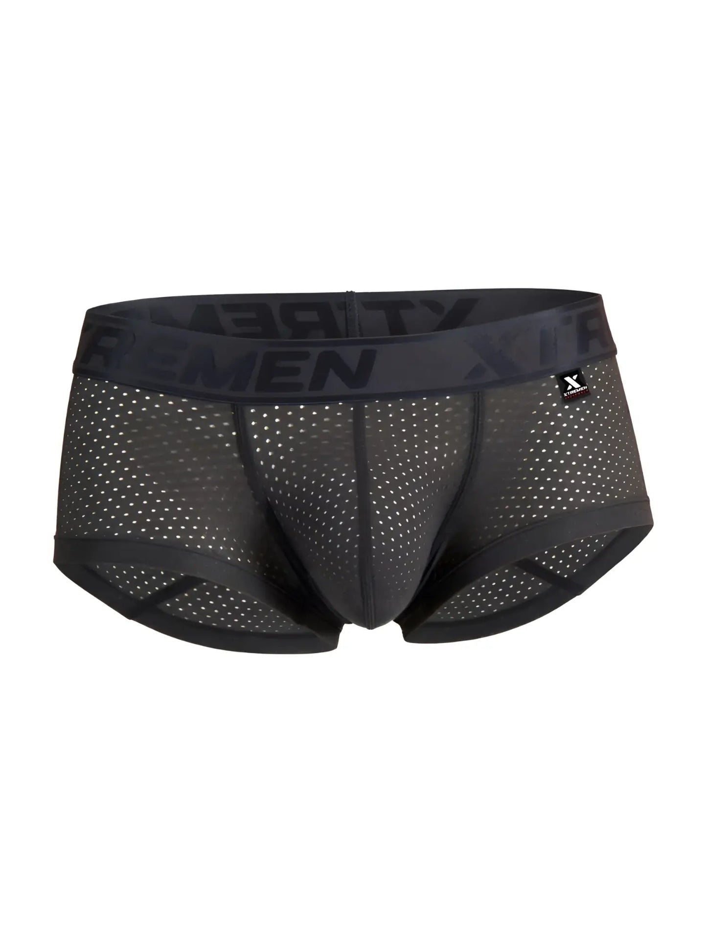 Gray xtremen 91252 microfiber mesh trunks with black mesh briefs, branded waistband, and subtle white perforations