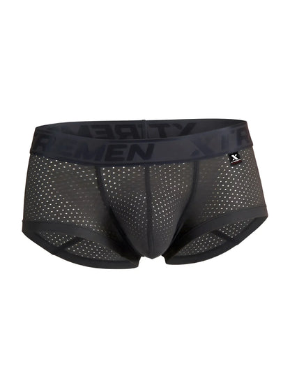 Gray xtremen 91252 microfiber mesh trunks with black mesh briefs, branded waistband, and subtle white perforations