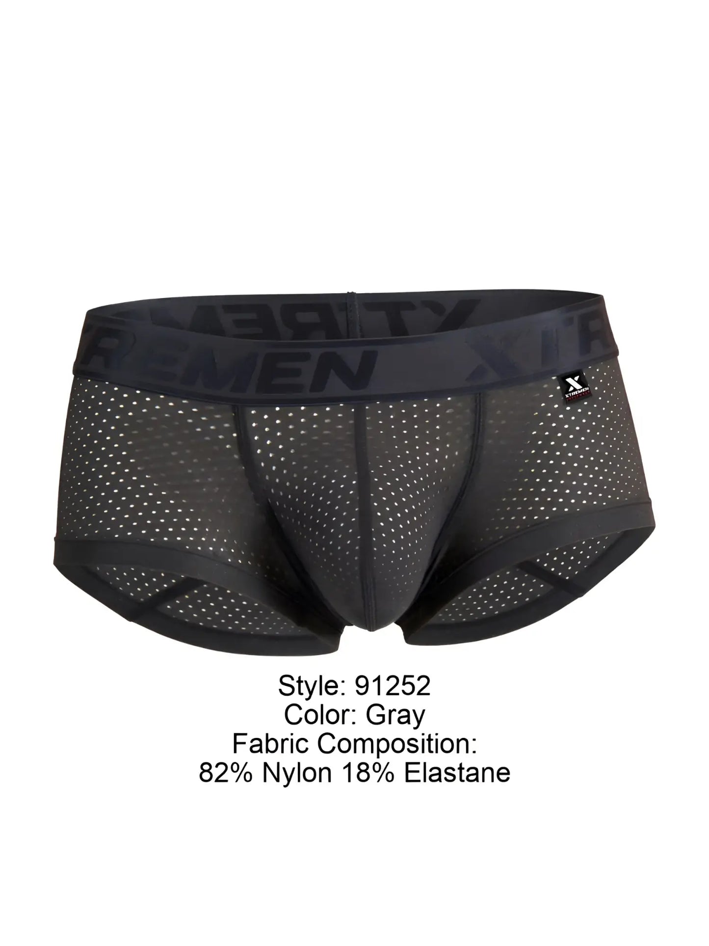 Gray xtremen 91252 microfiber mesh trunks briefs with black elastic waistband featuring x-rememen logo and x-shaped tag