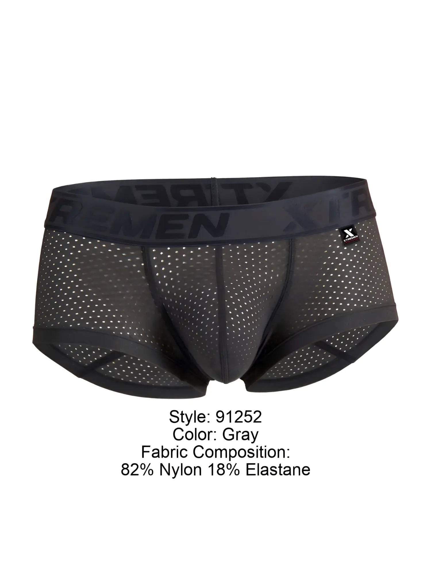 Gray xtremen 91252 microfiber mesh trunks briefs with black elastic waistband featuring x-rememen logo and x-shaped tag