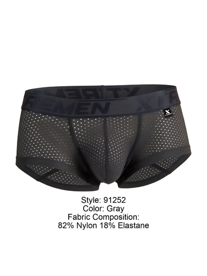 Gray xtremen 91252 microfiber mesh trunks briefs with black elastic waistband featuring x-rememen logo and x-shaped tag