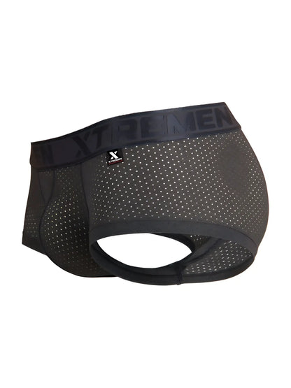 Black mesh men’s underwear gray microfiber trunks with xtremen branding on the waistband front view
