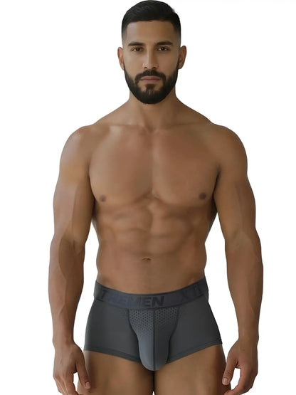 Dark gray xtremen 91252 microfiber mesh trunks with perforated front panel and ten brand elastic waistband
