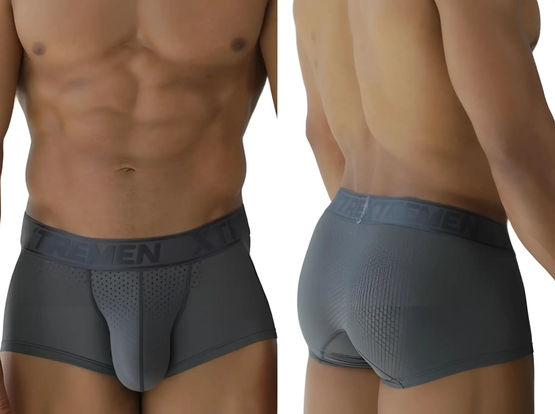Gray xtremen 91252 microfiber mesh trunks with perforated front panel and talmen elastic waistband in dark gray lettering