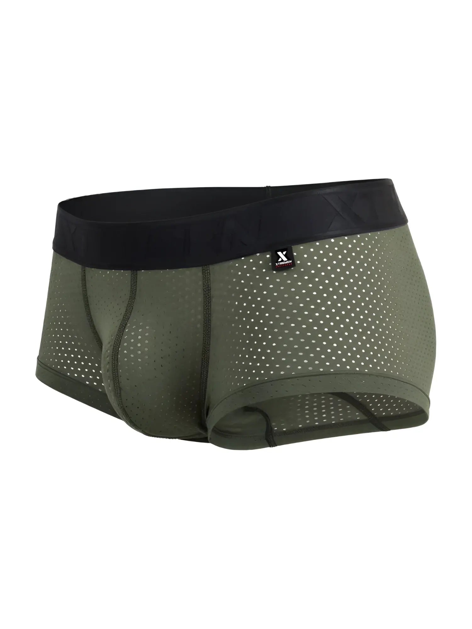 Olive green microfiber mesh xtremen 91252 boxer briefs with perforations and black x-terra logo waistband