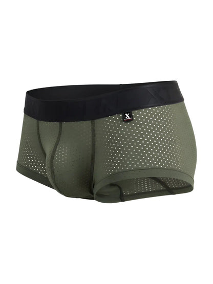 Olive green microfiber mesh xtremen 91252 boxer briefs with perforations and black x-terra logo waistband