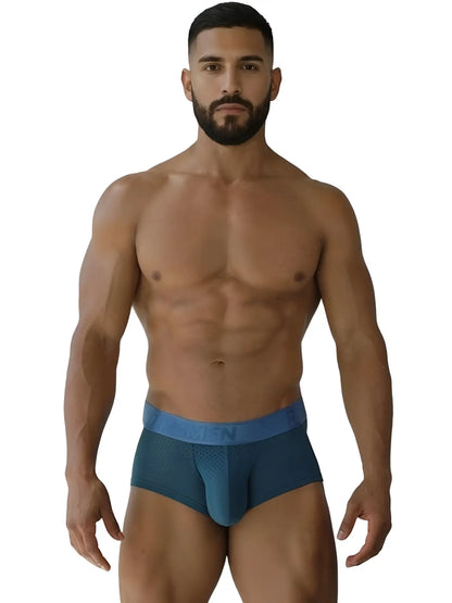 Xtremen 91252 microfiber mesh blue men’s briefs with matching elastic waistband in petrol color front view