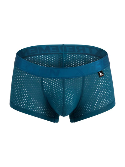 Teal mesh microfiber boxer briefs with a solid extreme waistband and x logo patch in petrol color