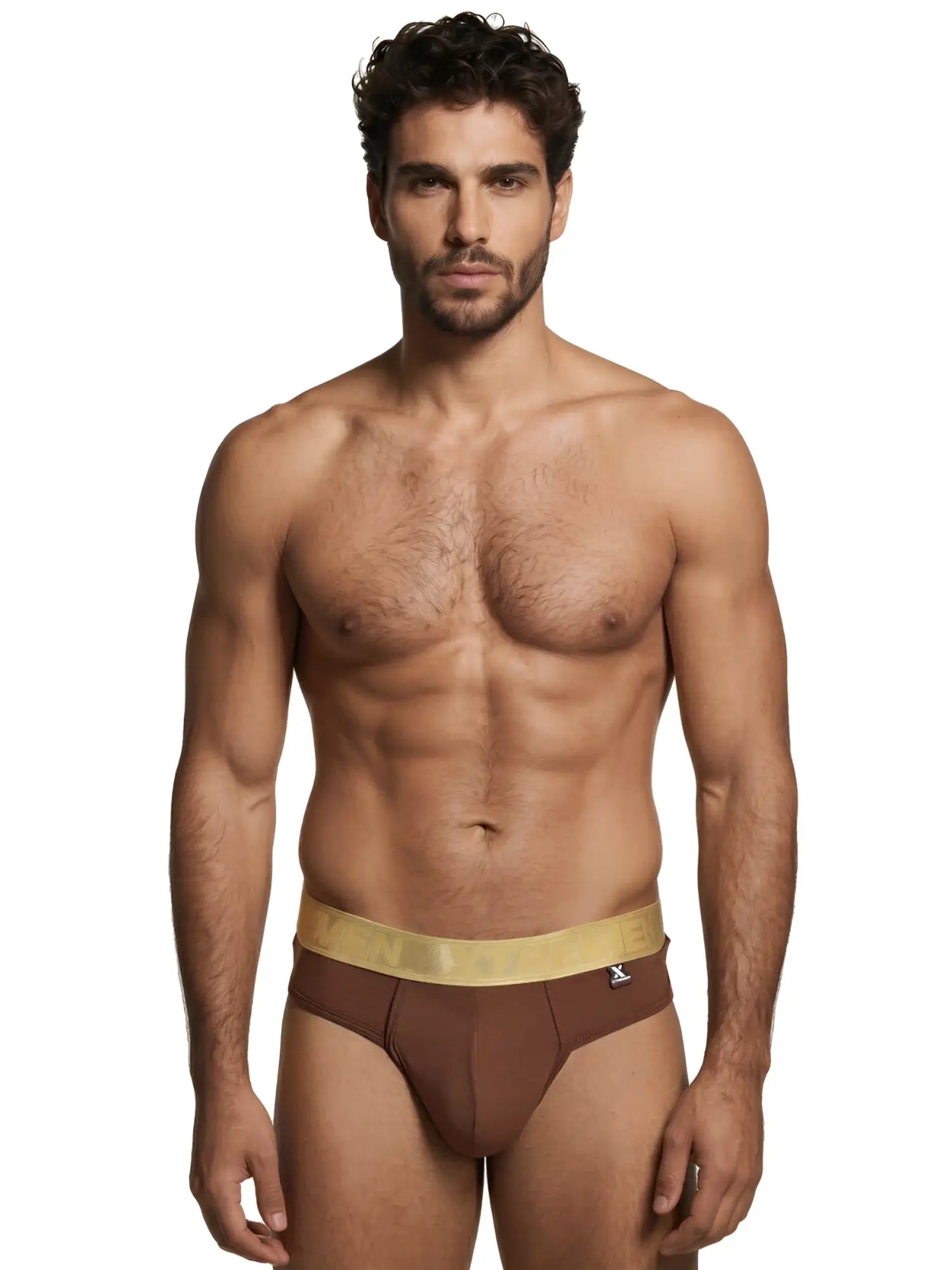 Xtremen brown brief with a gold branded elastic waistband and a matte finish worn by a model.