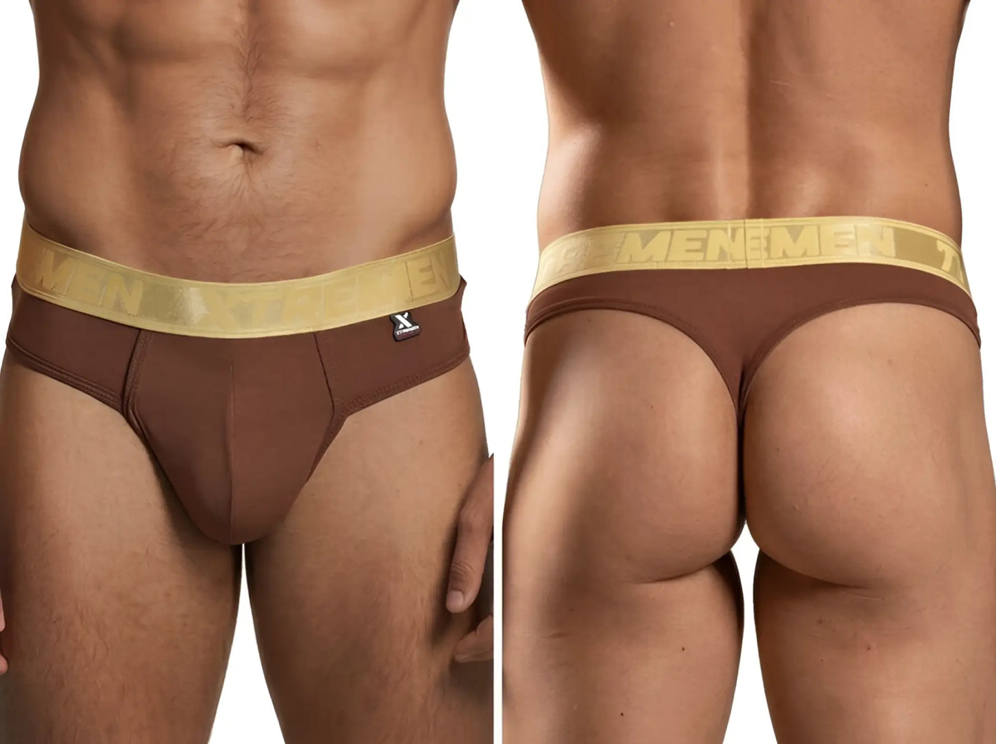 Xtremen brown thong with a metallic gold branded waistband and a small logo tag on the front.
