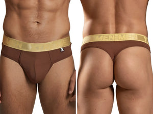Xtremen brown thong with a metallic gold branded waistband and a small logo tag on the front.
