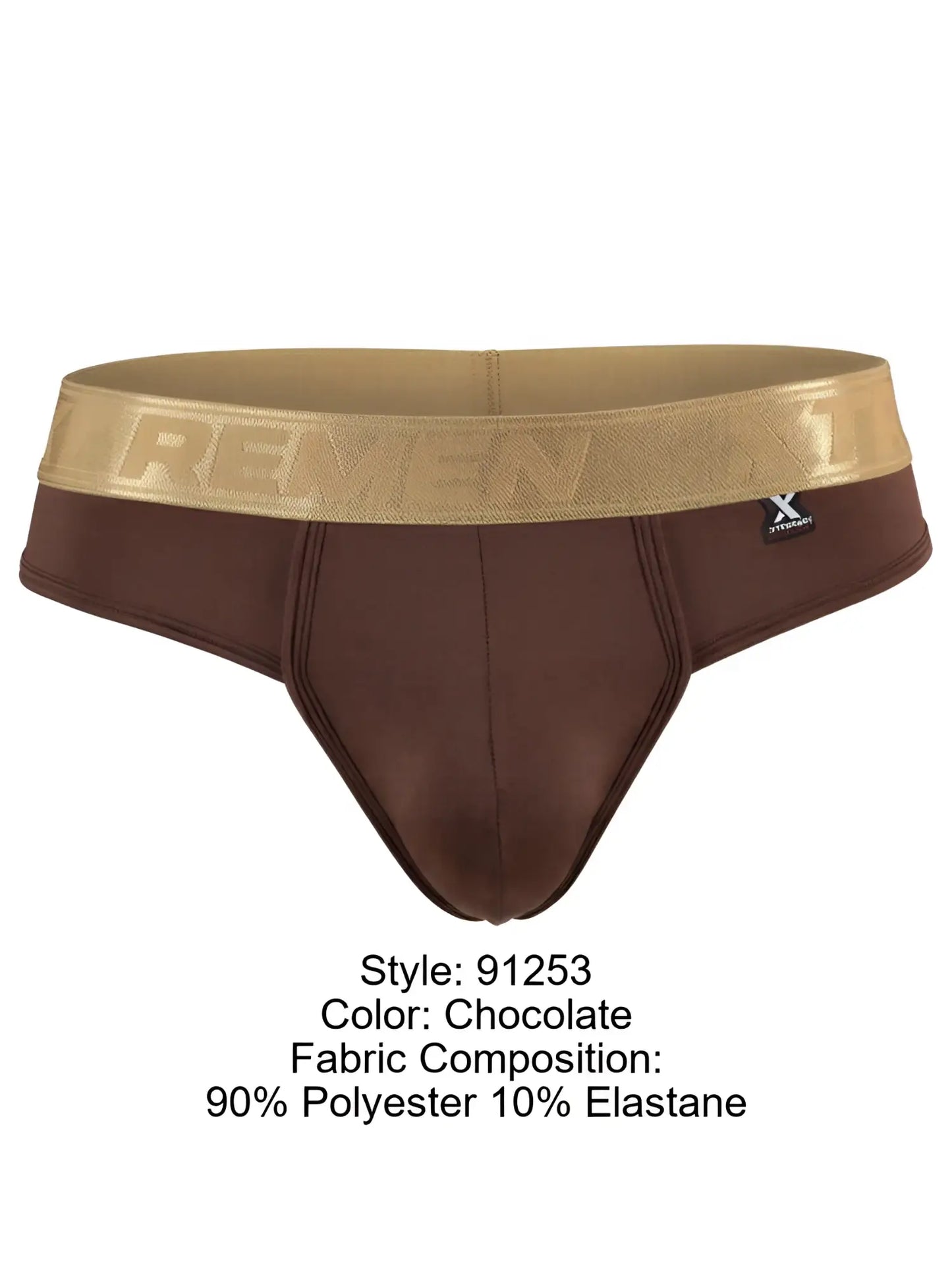 Xtremen chocolate-colored bikini brief with a metallic gold logo waistband and smooth, matte fabric finish.