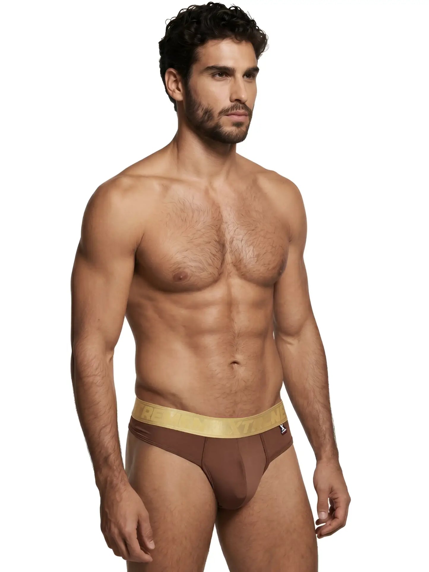 Xtremen men's brown bikini brief with a form-fitting design and a metallic gold branded elastic waistband.