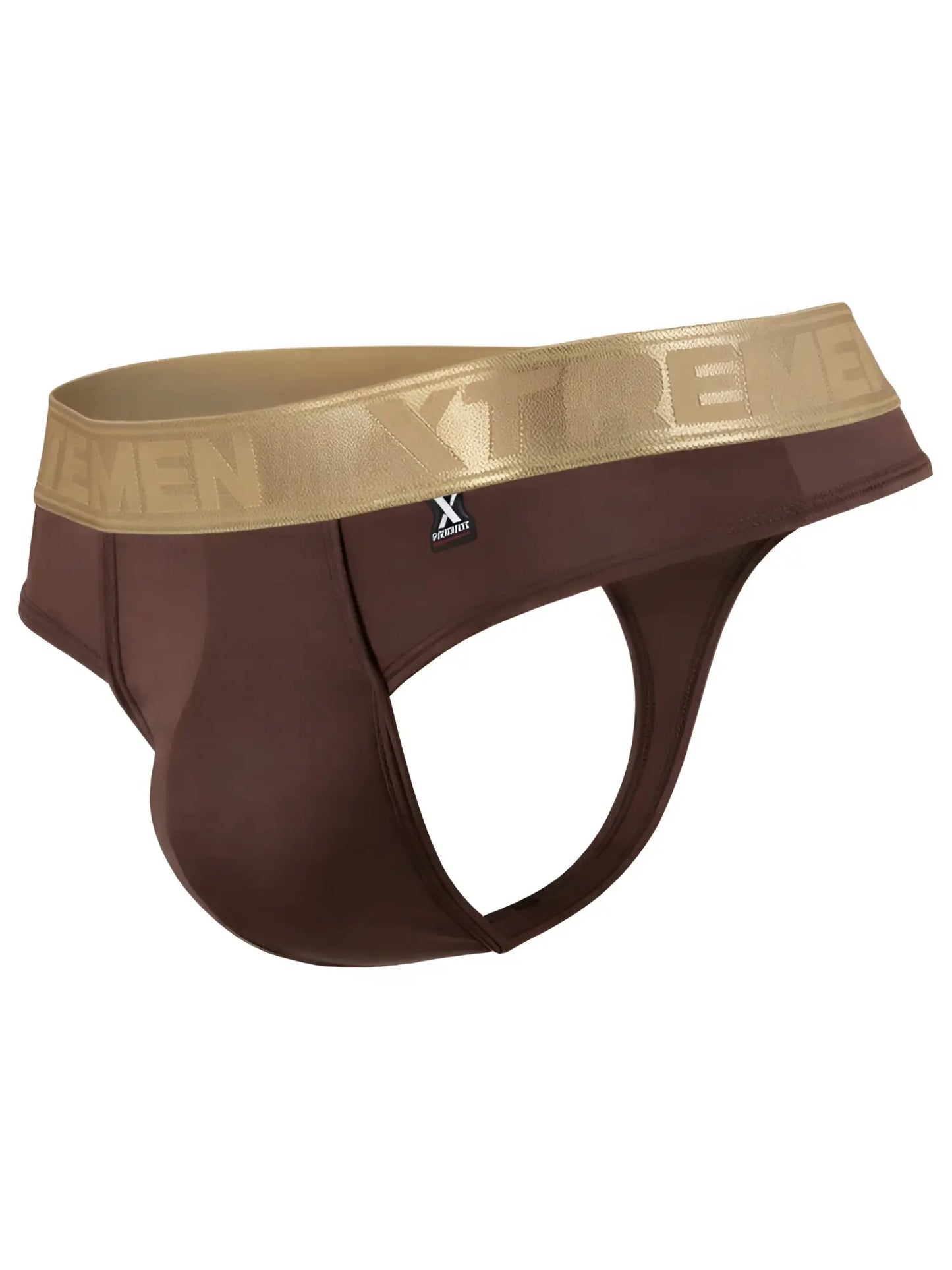 Xtremen brown thong with a metallic gold branded waistband and soft-finish fabric.