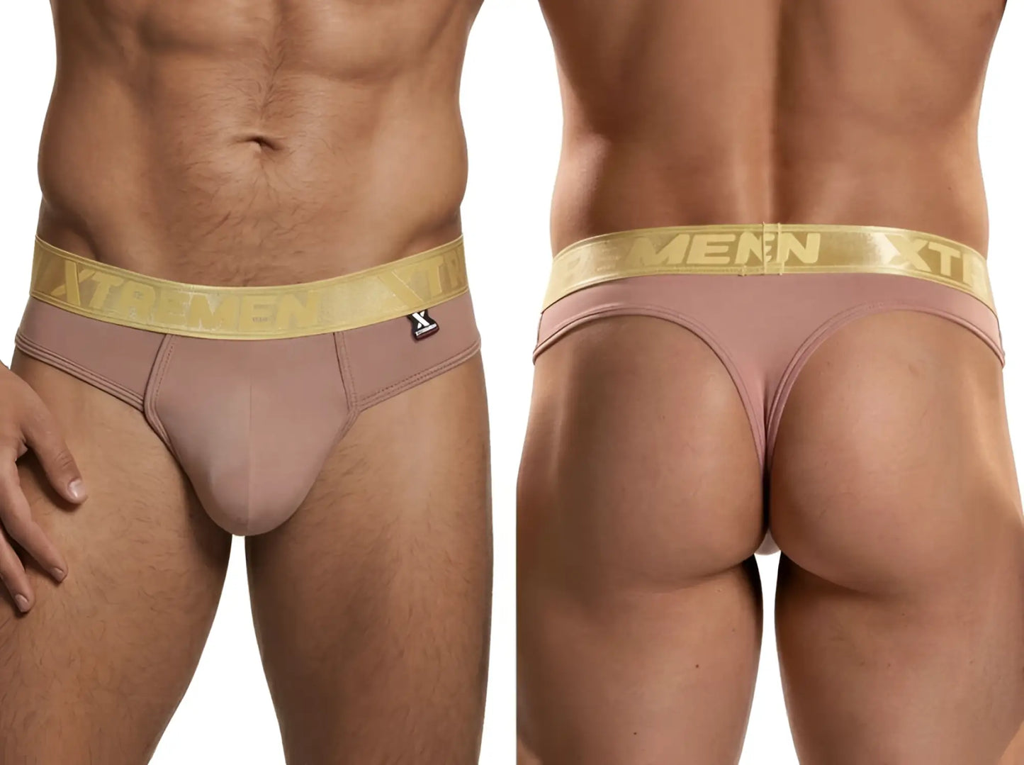 Xtremen dusty pink thong with a metallic gold branded waistband and a smooth, form-fitting fabric finish.
