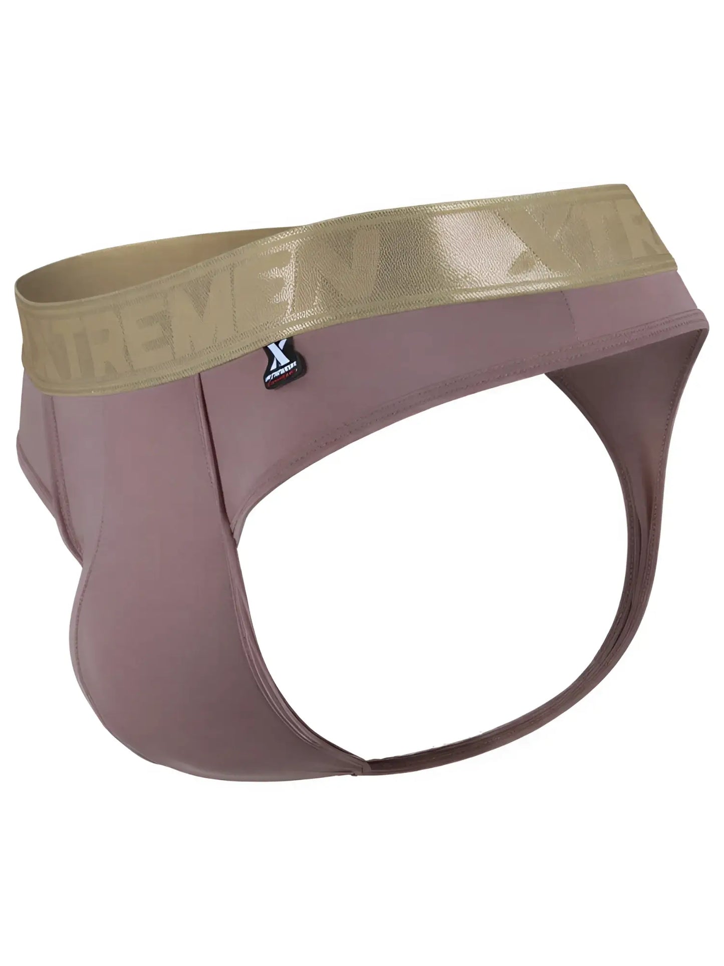 Xtremen mauve thong with a metallic gold branded waistband and a small logo tag.