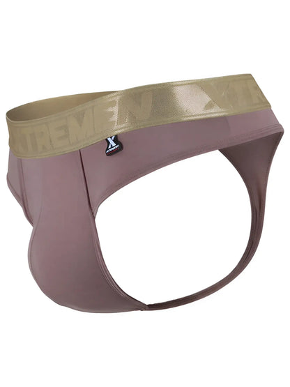 Xtremen mauve thong with a metallic gold branded waistband and a small logo tag.