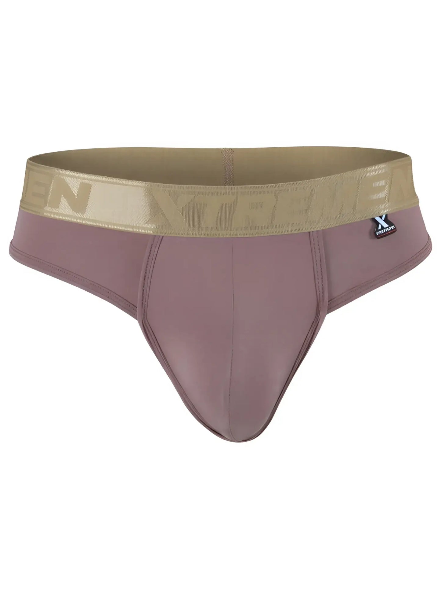 Xtremen mauve bikini brief with a fitted design and a wide, metallic gold branded waistband.