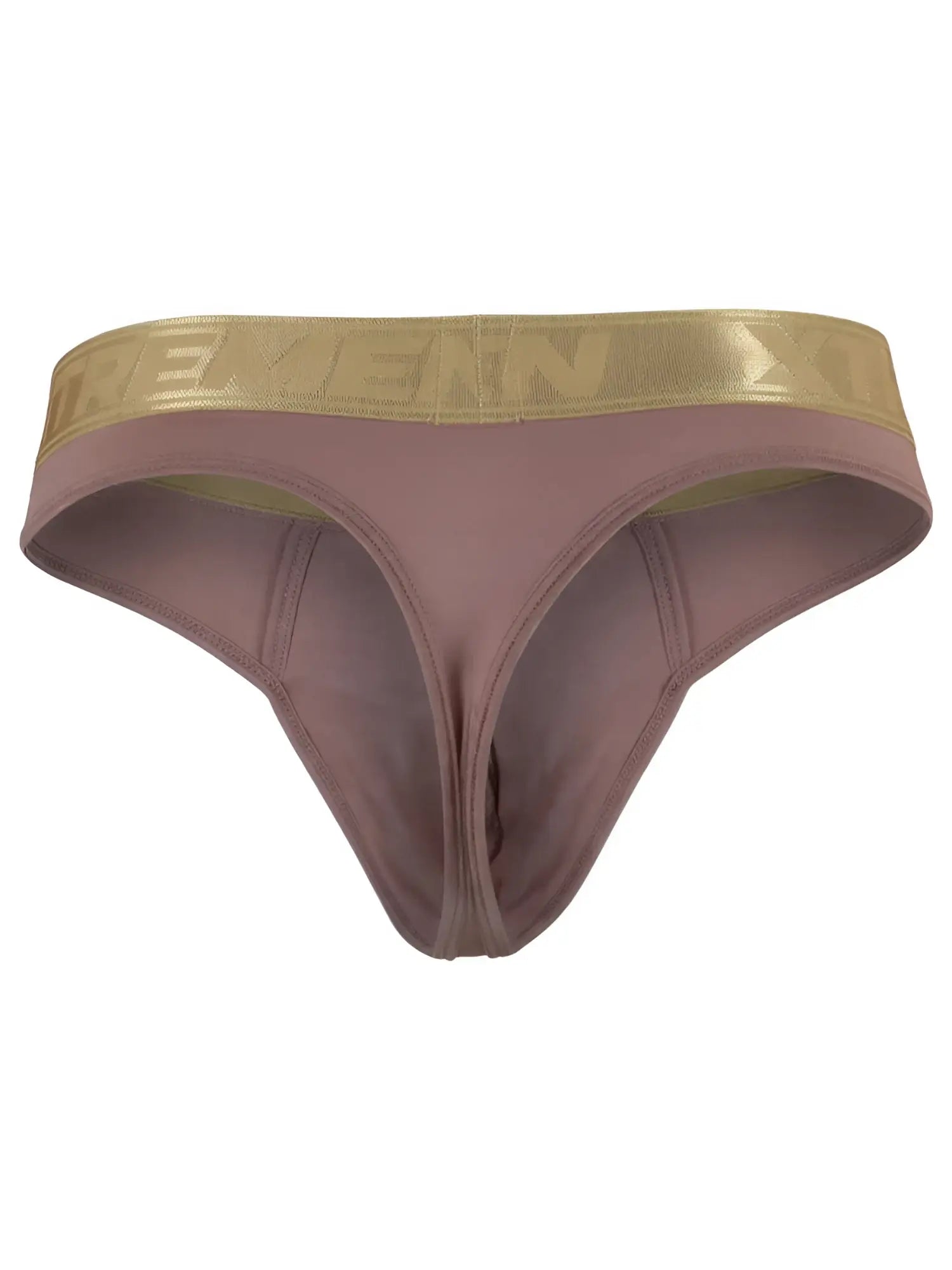 Xtremen mauve thong with a metallic gold branded waistband and a soft, matte fabric finish.