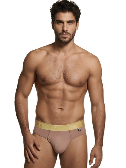 Xtremen men’s nude bikini brief featuring a smooth, matte fabric and a metallic gold branded elastic waistband.