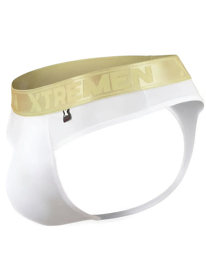 Xtremen white thong with a metallic gold branded waistband and small logo tab.