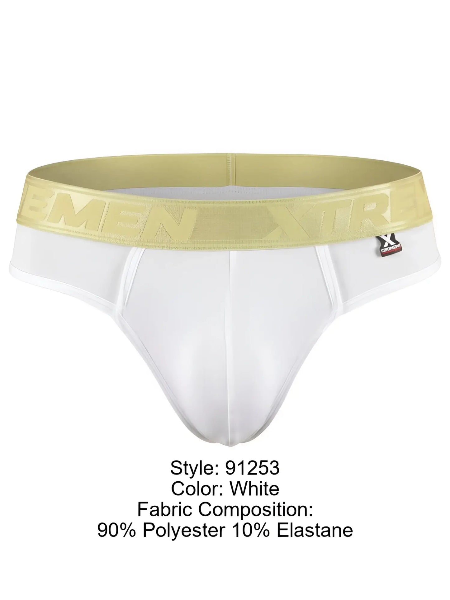 Xtremen white bikini brief with a metallic gold branded waistband and soft matte finish fabric.