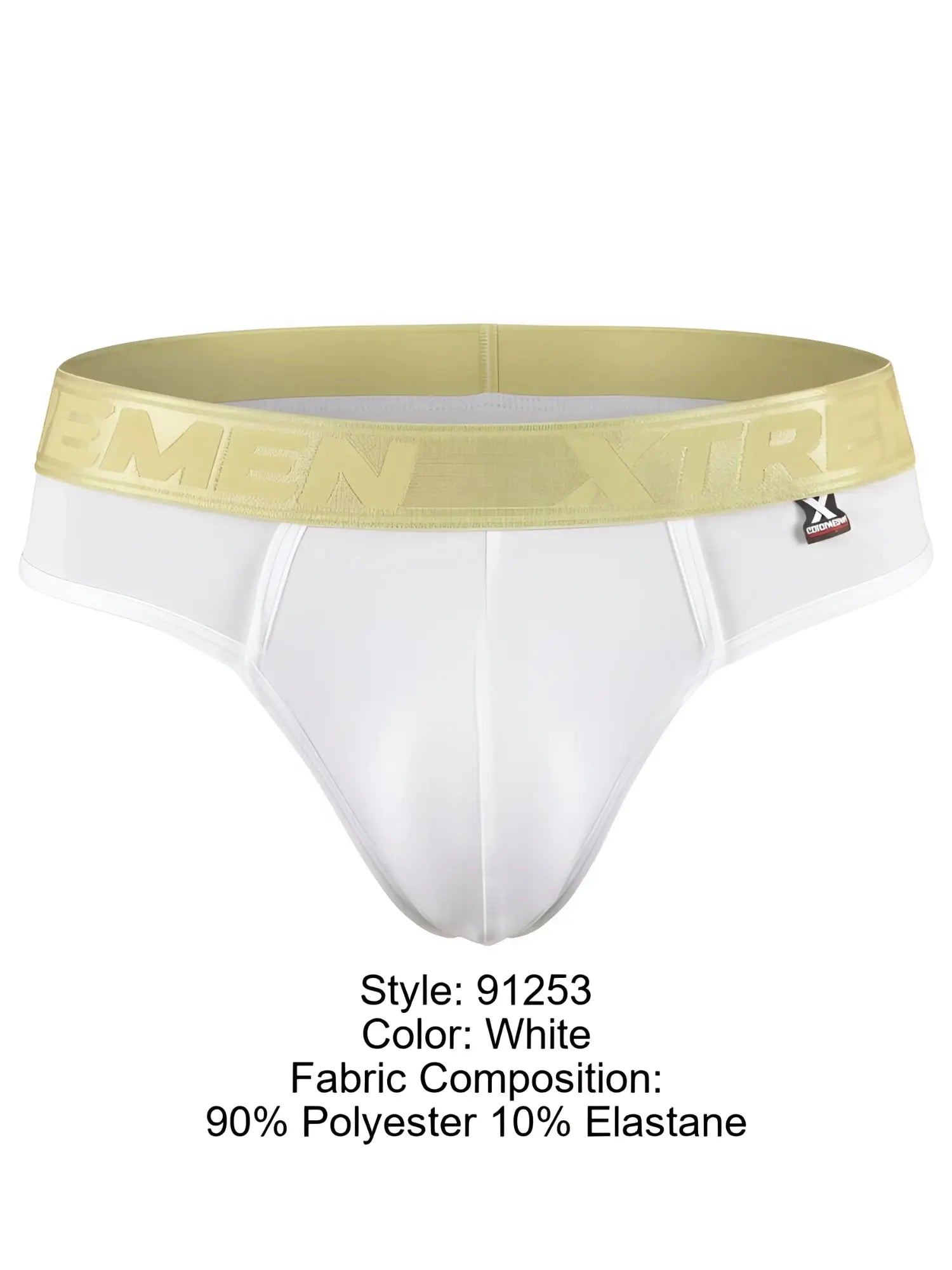 Xtremen white bikini brief with a metallic gold branded waistband and soft matte finish fabric.