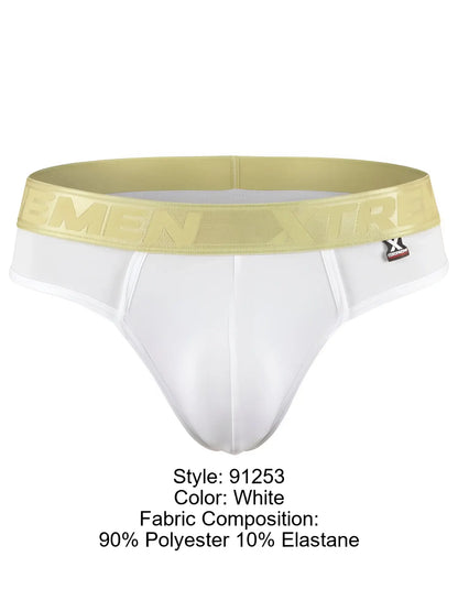 Xtremen white bikini brief with a metallic gold branded waistband and soft matte finish fabric.