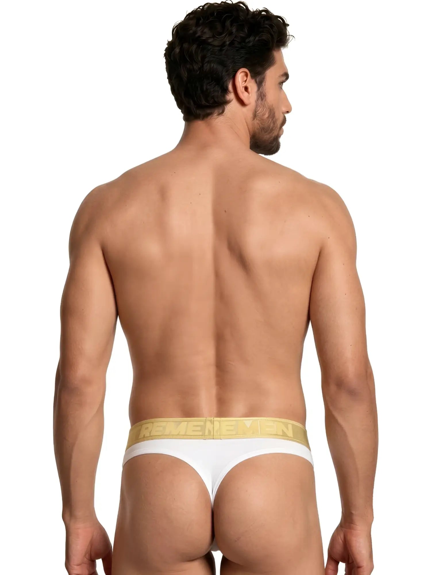 Xtremen white thong with a metallic gold branded waistband worn by a man from behind.