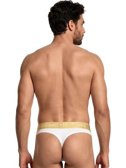 Xtremen white thong with a metallic gold branded waistband worn by a man from behind.