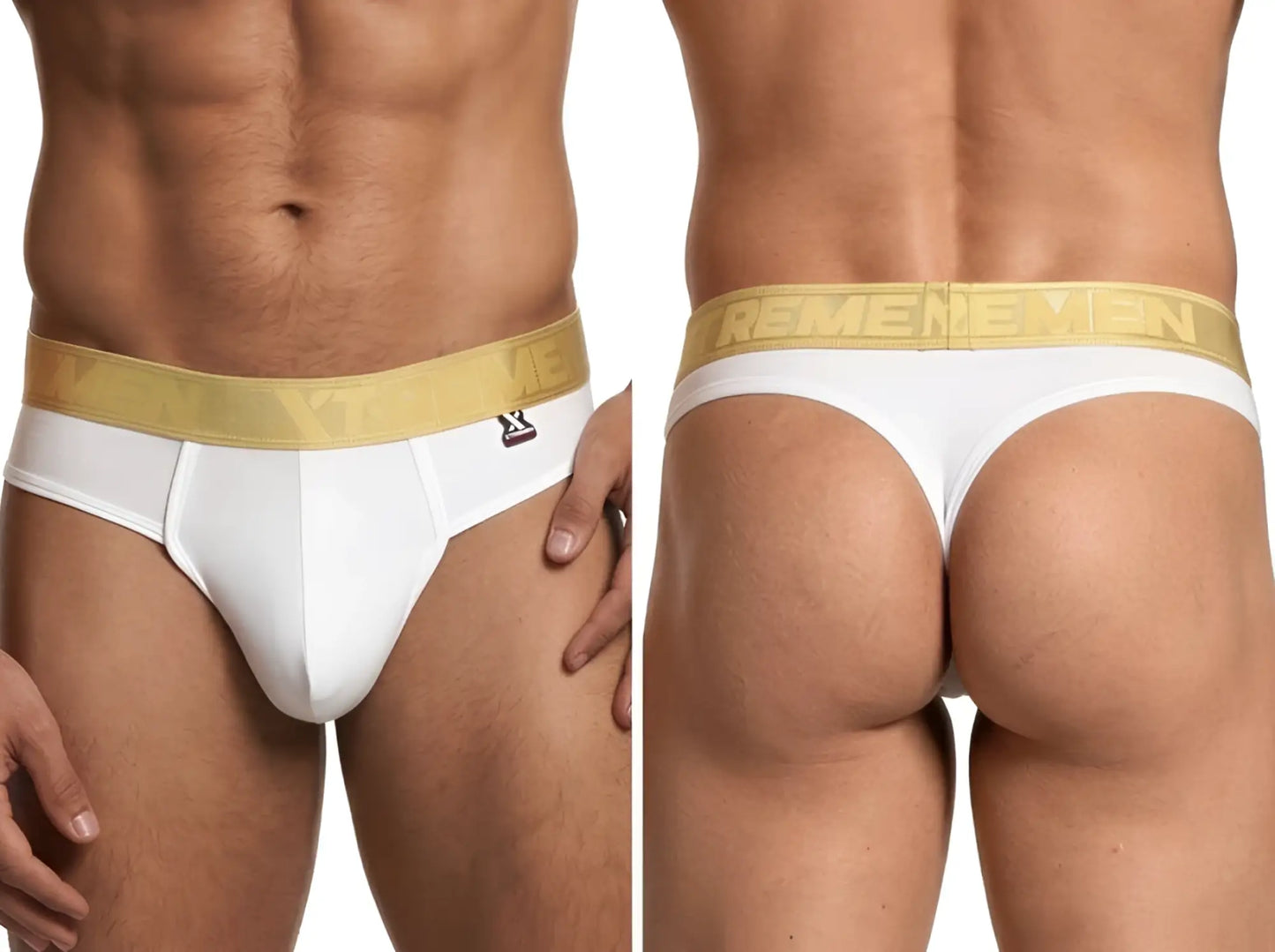 Xtremen white thong featuring a matte finish and a gold branded elastic waistband. Shown from front and back views.