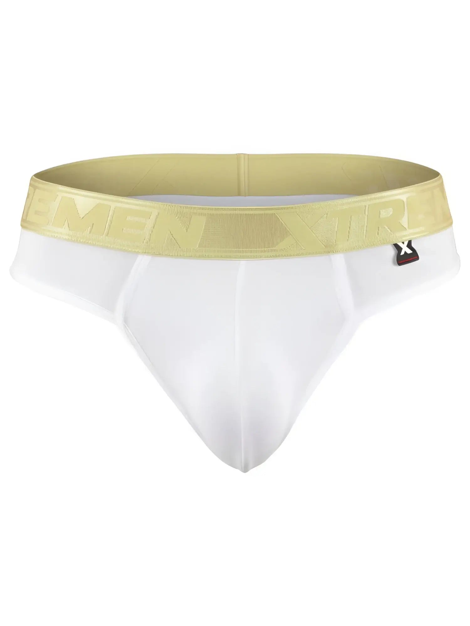 Xtremen white bikini brief with a metallic gold branded waistband and small side logo tag.