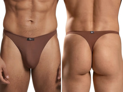 Xtremen brown thong with a smooth, matte fabric finish and small logo tag, shown from front and back views.