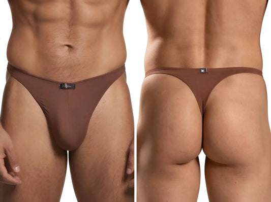Xtremen brown thong with a smooth, matte fabric finish and small logo tag, shown from front and back views.